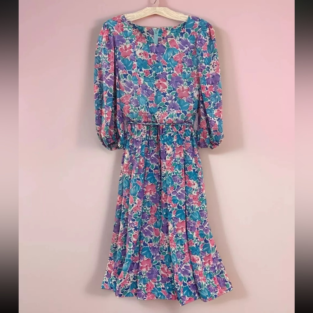 Nat Kaplan Couture Vtg 80s Floral Tea Dress Women’s Sz 8 Blue Purple Watercolor